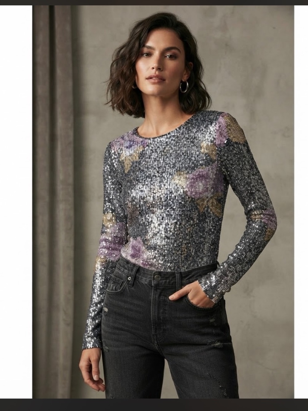 Free People Intimately Floral Sequin Sparkle Long Sleeve Top Black Multi Medium